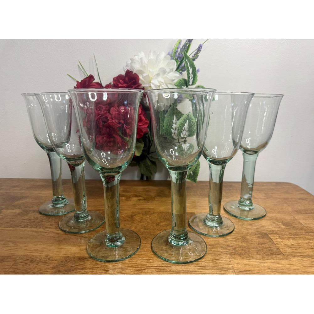 Vintage Hand‎ Blown Green Stem Wine Glasses Set MCM Bar Cart Holiday Barware